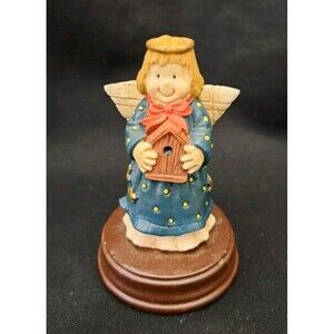 Vintage Cedar Creek Smiling Angel Holding Birdhouse on Pedestal